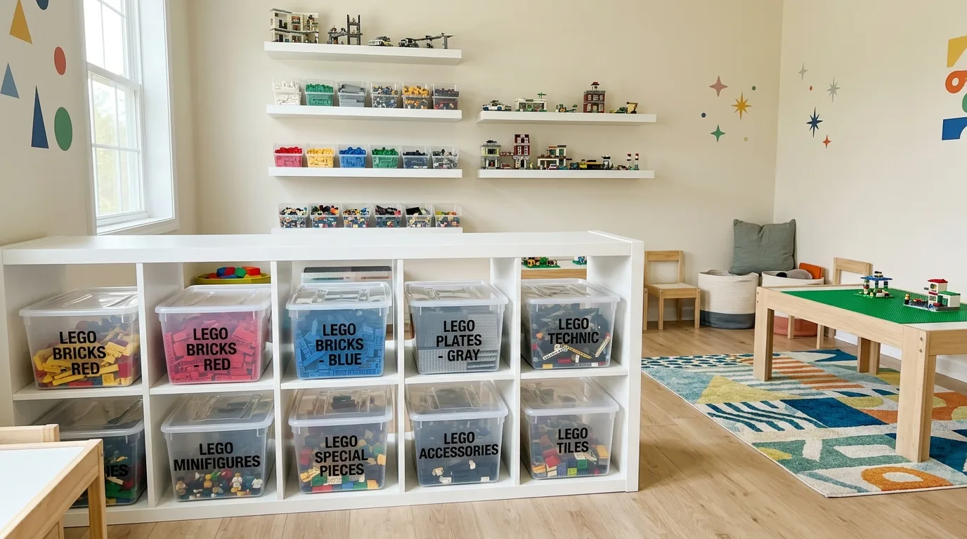 LEGO storage with clear labeled bins